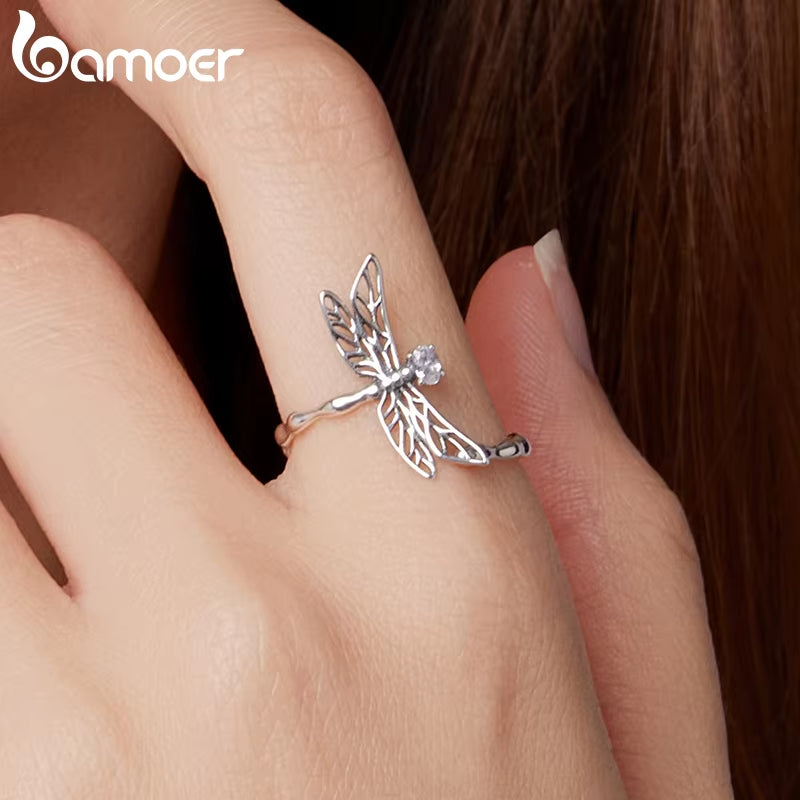 925 Sterling Silver Twist Dragonfly Open Ring Pave Setting CZ Adjustable Insect Ring for Women Teens Party Jewelry Gift