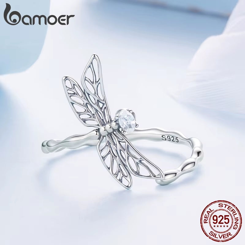 925 Sterling Silver Twist Dragonfly Open Ring Pave Setting CZ Adjustable Insect Ring for Women Teens Party Jewelry Gift