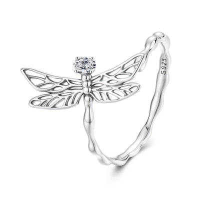 925 Sterling Silver Twist Dragonfly Open Ring Pave Setting CZ Adjustable Insect Ring for Women Teens Party Jewelry Gift