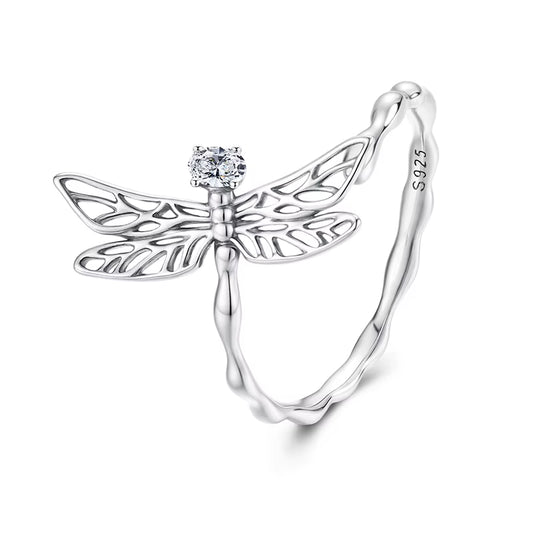 925 Sterling Silver Twist Dragonfly Open Ring Pave Setting CZ Adjustable Insect Ring for Women Teens Party Jewelry Gift