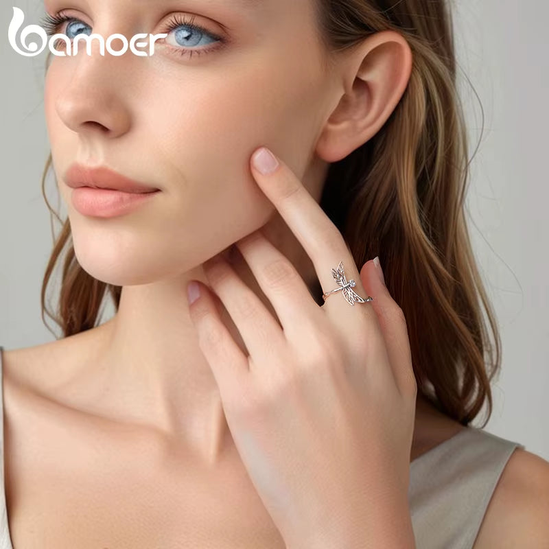 925 Sterling Silver Twist Dragonfly Open Ring Pave Setting CZ Adjustable Insect Ring for Women Teens Party Jewelry Gift