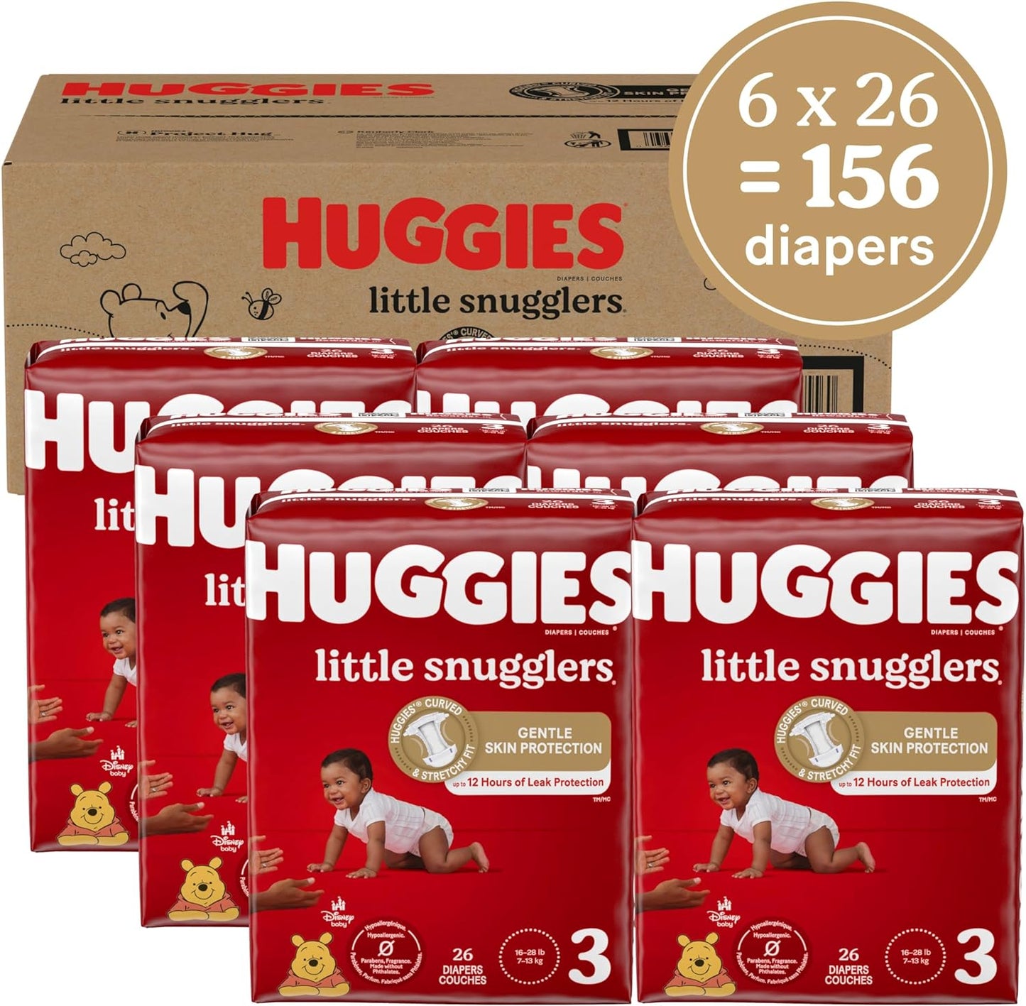 Baby Diapers Size 3 (16-28 Lbs), 156Ct,  Little Snugglers