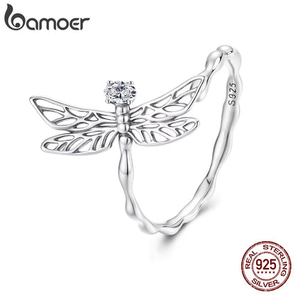 925 Sterling Silver Twist Dragonfly Open Ring Pave Setting CZ Adjustable Insect Ring for Women Teens Party Jewelry Gift